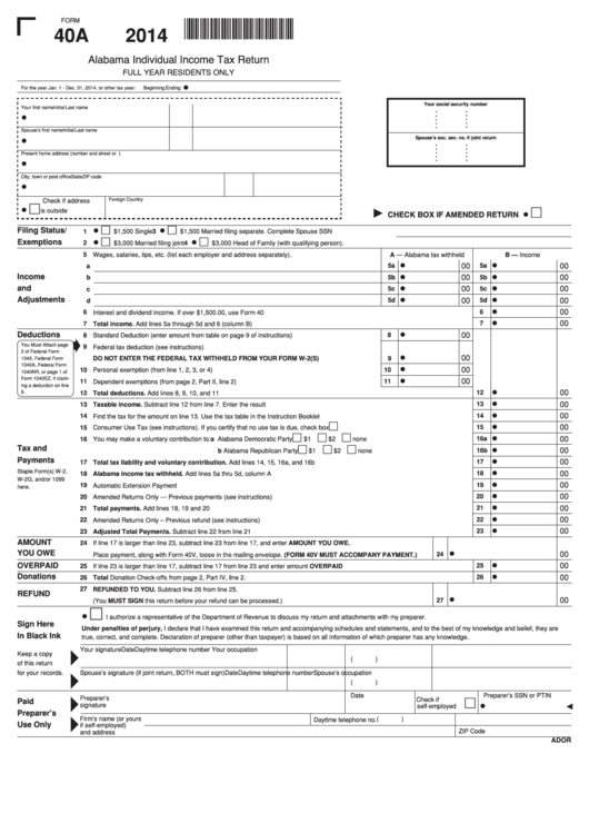 Form 40a - Alabama Individual Income Tax Return Form - 2014 Printable pdf
