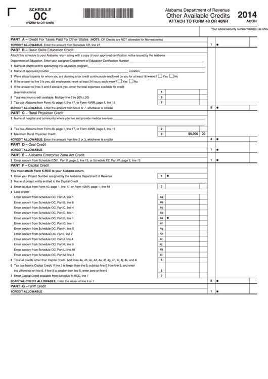 Schedule Oc - Attach To Form 40 Or 40nr - Other Available Credits - Alabama Department Of Revenue - 2014