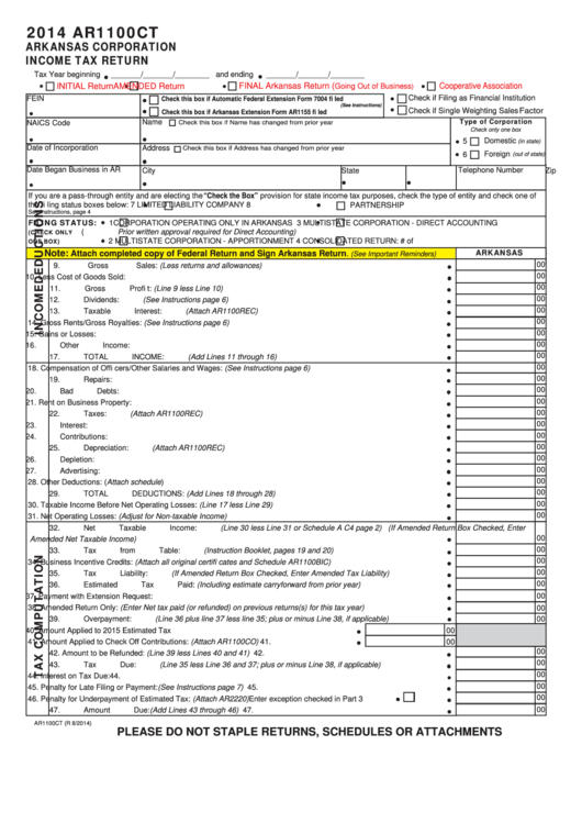 Form Ar1100ct - Corporation Income Tax Return - 2014 Printable pdf