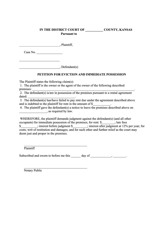 Fillable Petition Form For Eviction And Immediate Possession Printable pdf