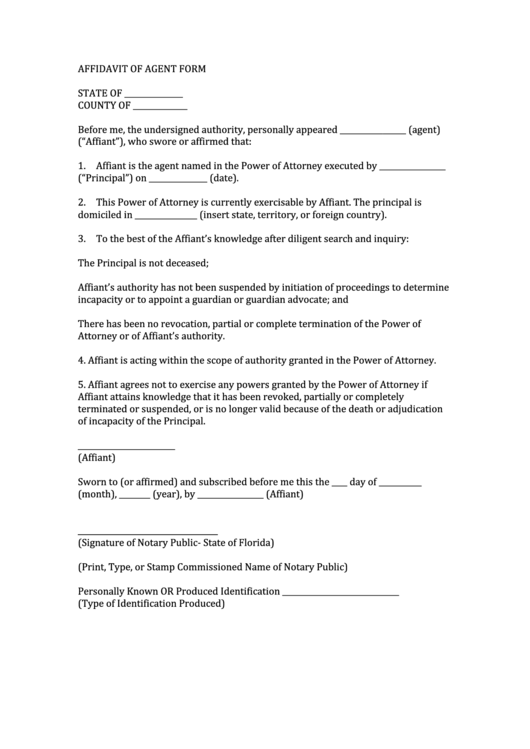 Fillable Affidavit Of Agent Form Printable pdf