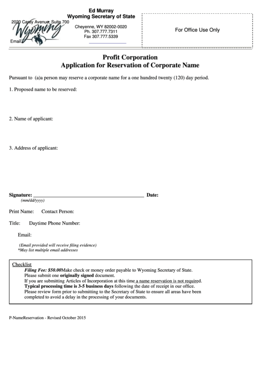 Fillable Profit Corporation Application For Reservation Of Corporate Name - Wyoming Secretary Of State - 2015 Printable pdf
