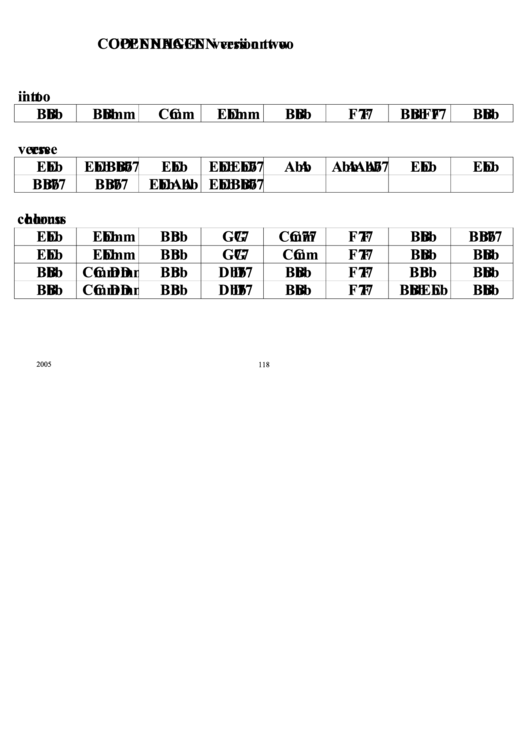 Jazz Chord Chart - Copenhagen (Version Two) Printable pdf