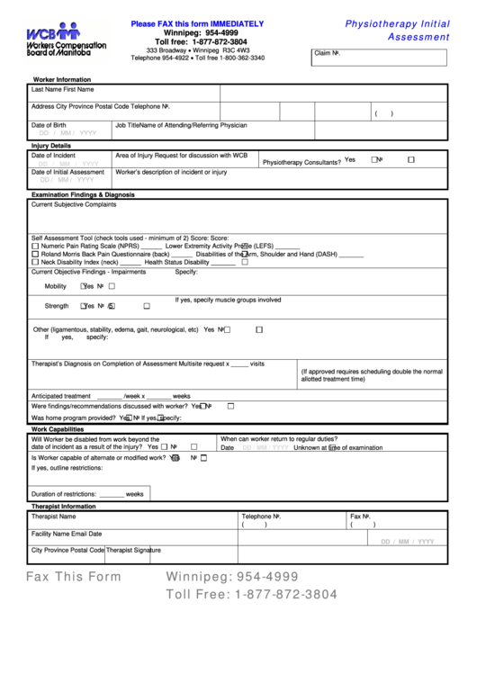 Fillable Physiotherapy Initial Assessment Form Printable pdf