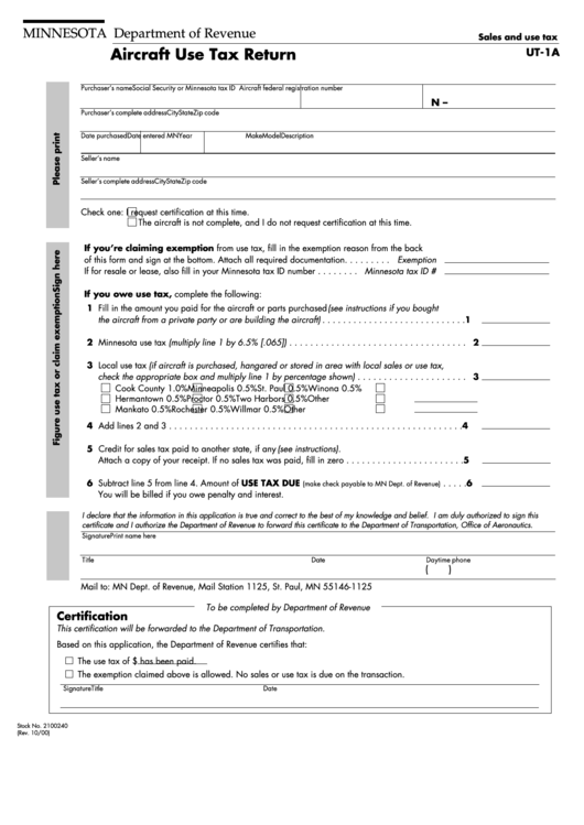 Form Ut-1a - Aircraft Use Tax Return Form - State Of Minnesota Printable pdf