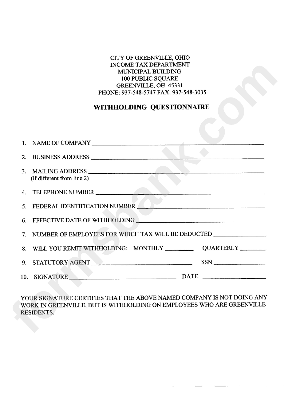 Withholding Questionnaire Form - State Of Ohio