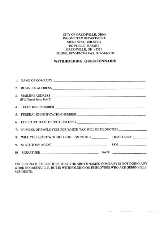 Withholding Questionnaire Form - State Of Ohio Printable pdf