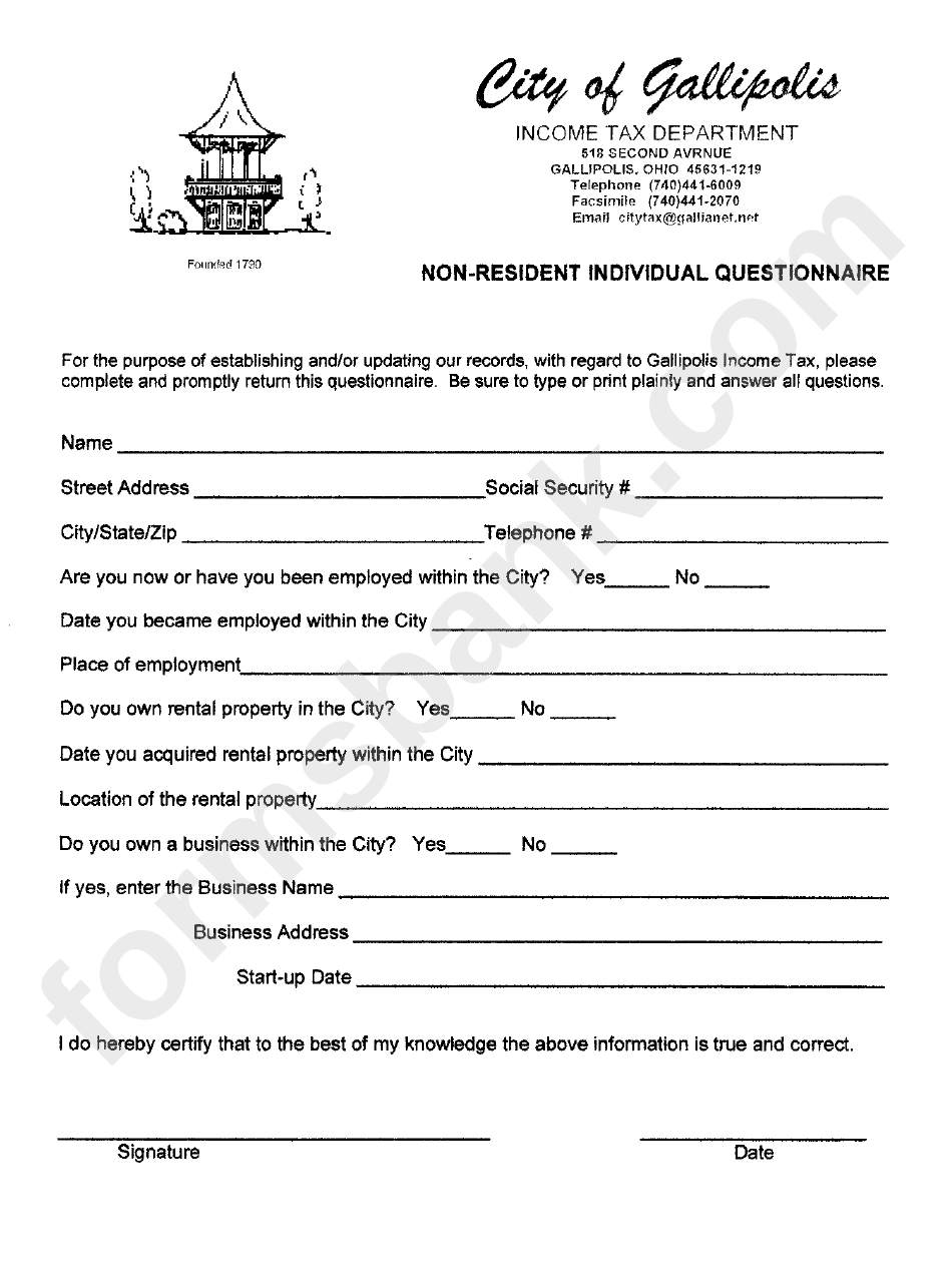 Non-Resident Individual Questionnaire Form - State Of Ohio