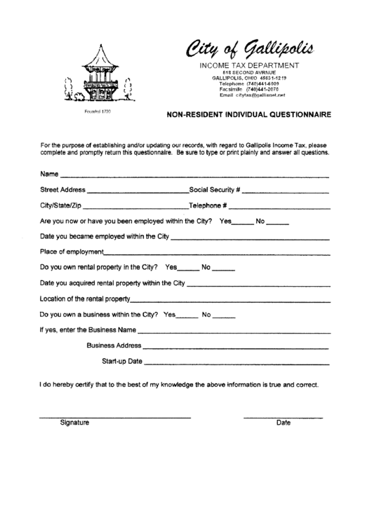 Non-Resident Individual Questionnaire Form - State Of Ohio Printable pdf