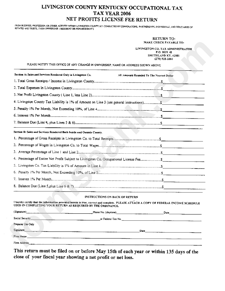 Net Profits License Fee Return Form State Of Kentucky Printable Pdf 