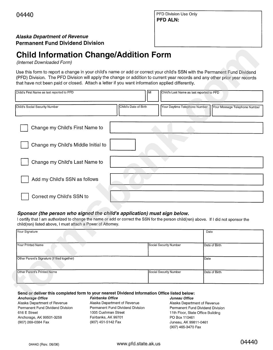 Form 04440 - Child Information Change/addition Form - State Of Alaska