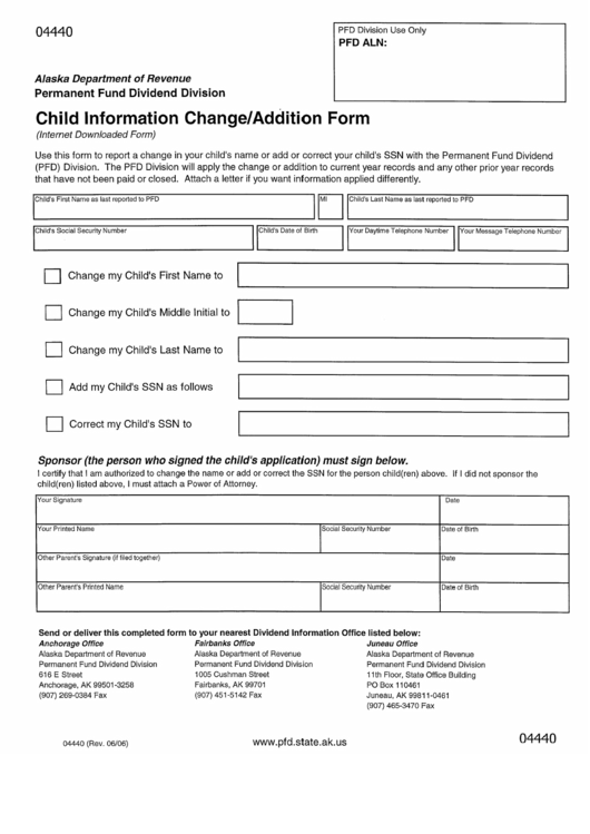 Form 04440 - Child Information Change/addition Form - State Of Alaska Printable pdf