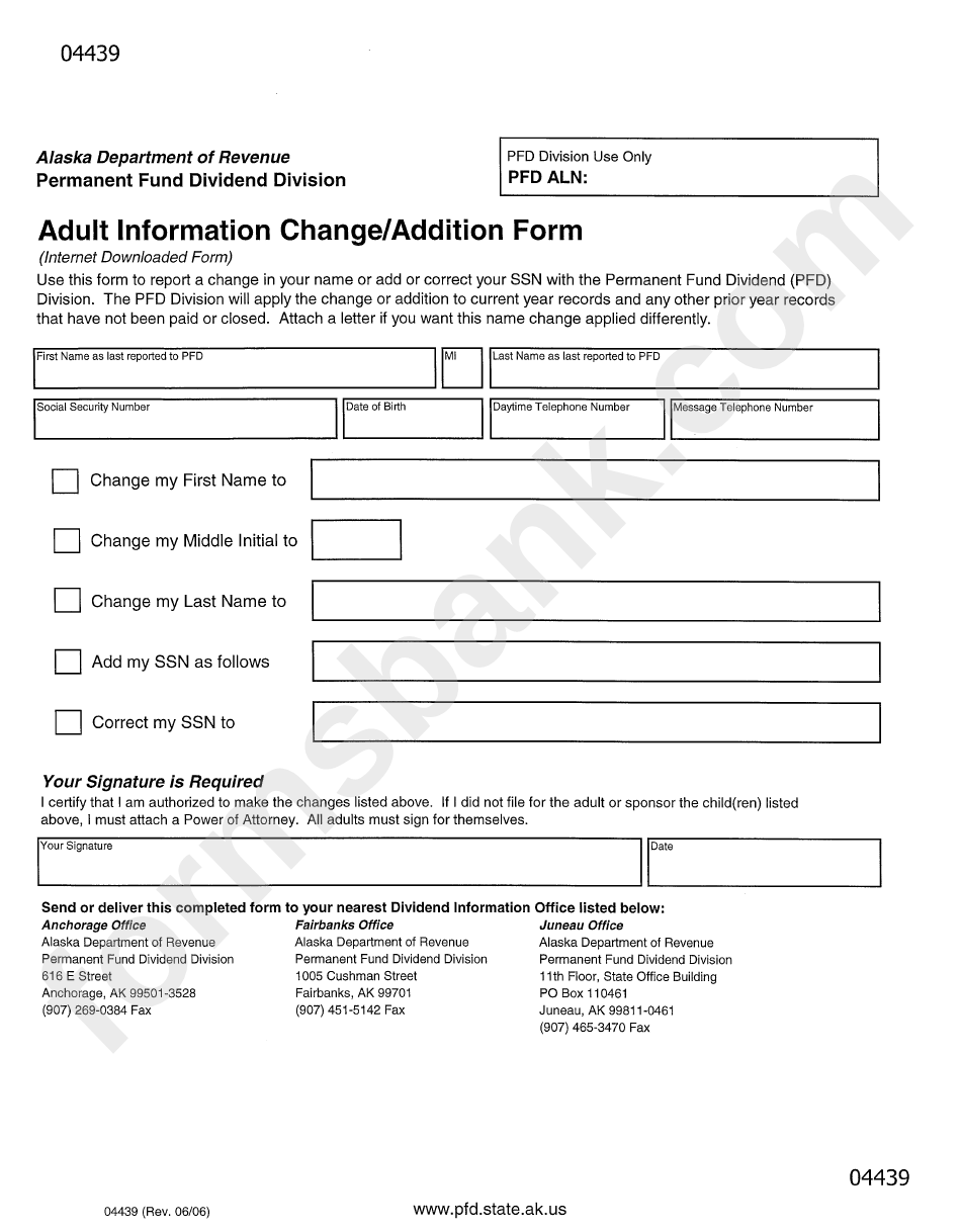 Form 04439 - Adult Information Change/addition Form - State Of Alaska