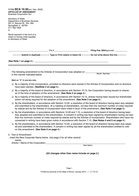 Fillable Form Bca 10.30 - Articles Of Amendment Printable pdf