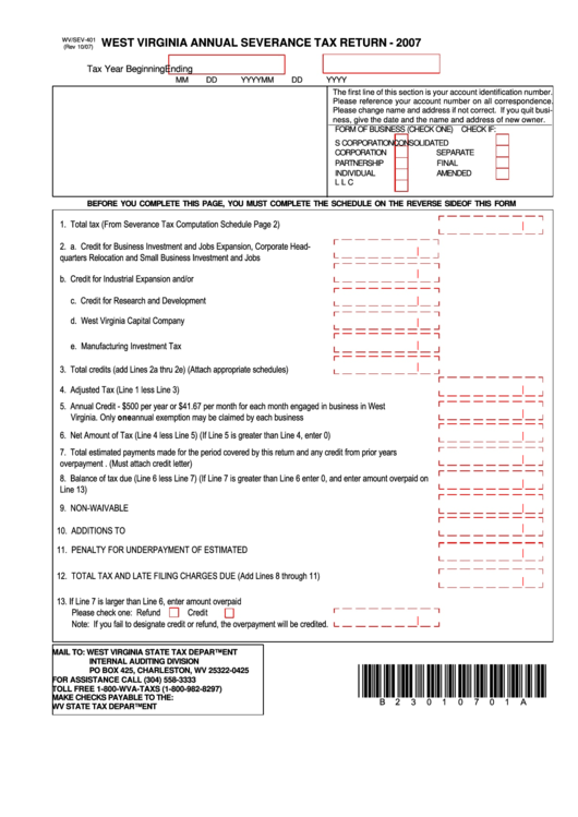 Form Wv/sev-401 - West Virginia Annual Severance Tax Return - 2007 Printable pdf