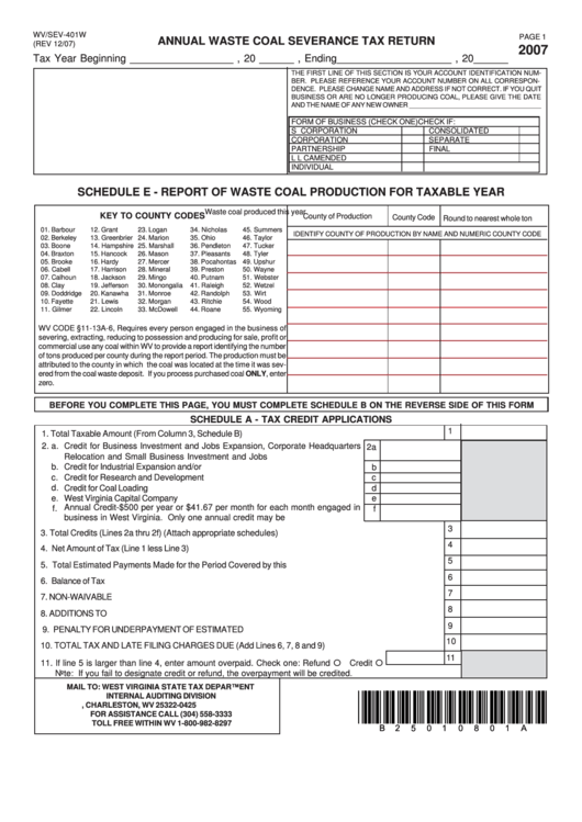 Form Wv/sev-401w - Annual Waste Coal Severance Tax Return - 2007 Printable pdf