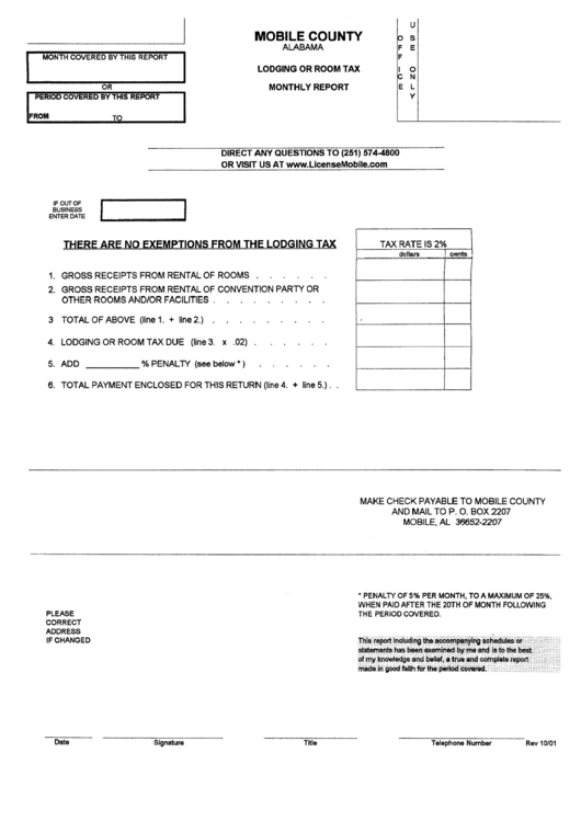 Lodging Or Room Tax Form - State Of Alabama Printable pdf