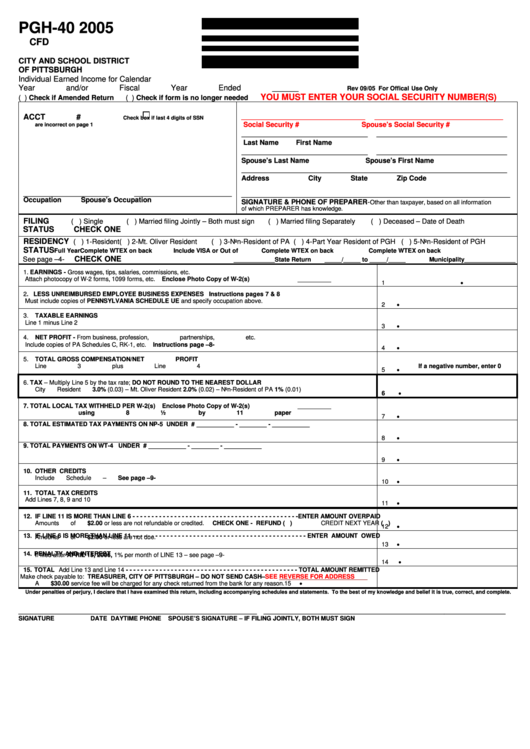 Form Pgh-40 - Individual Earned Income/form Wtex - Non-Resident Exemption Certificate - 2005 Printable pdf