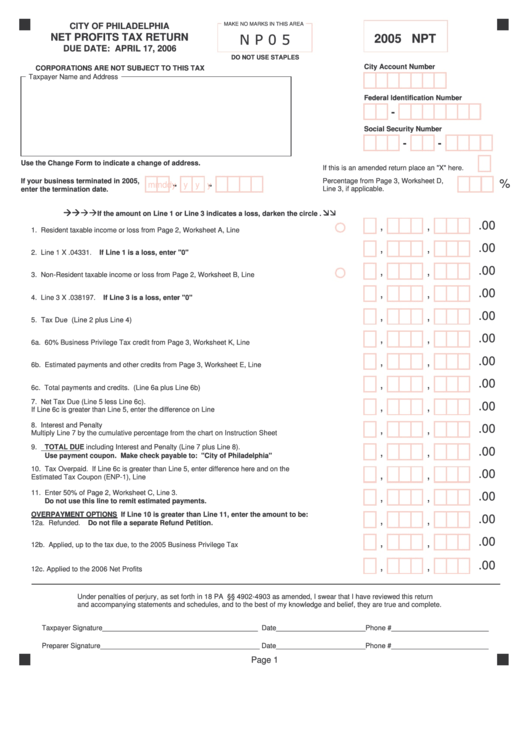Form 2005 Npt - Net Profits Tax Return Printable pdf