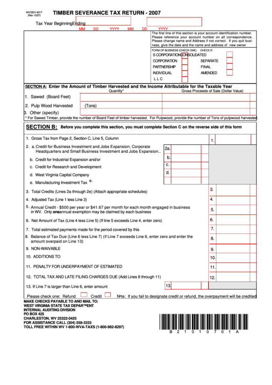 Form Wv/sev-401t - Timber Severance Tax Return - 2007 Printable pdf