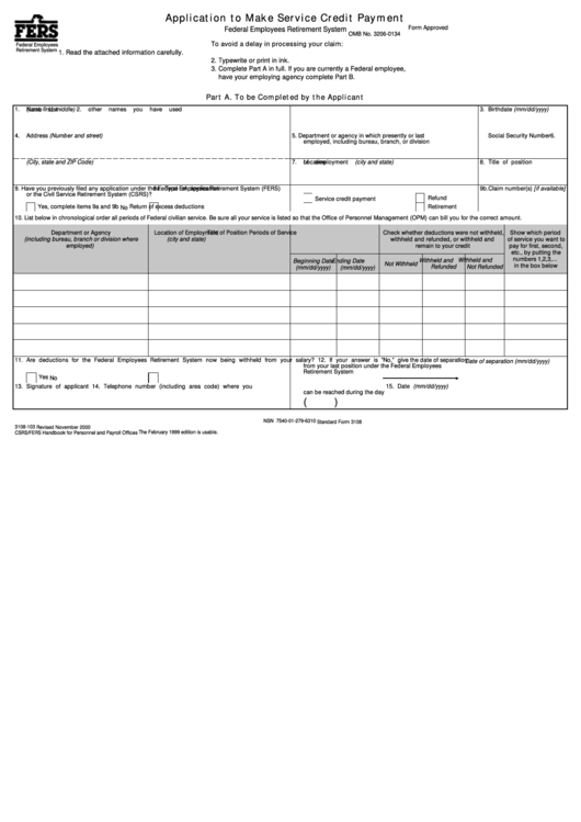 Fillable Standard Form 3108 - Application To Make Service Credit Payment Form - Federal Employees Retirement System Printable pdf