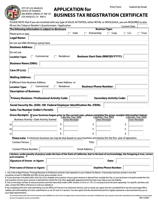 Fillable Application For Business Tax Registration Certificate Form - State Of California Printable pdf