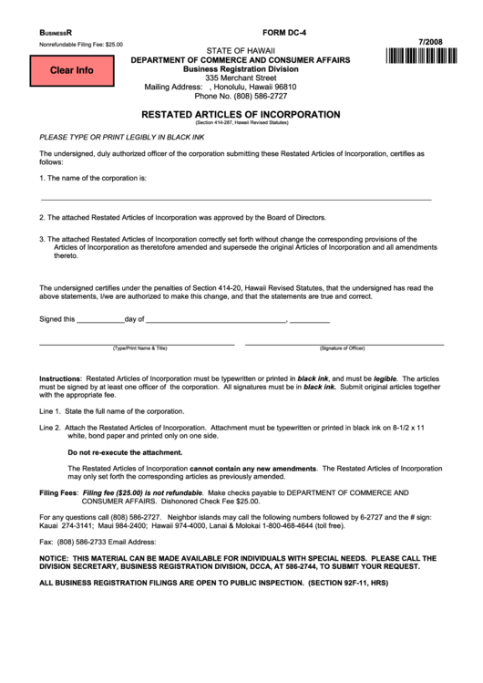 Fillable Form Dc-4 - Restated Articles Of Incorporation Printable pdf