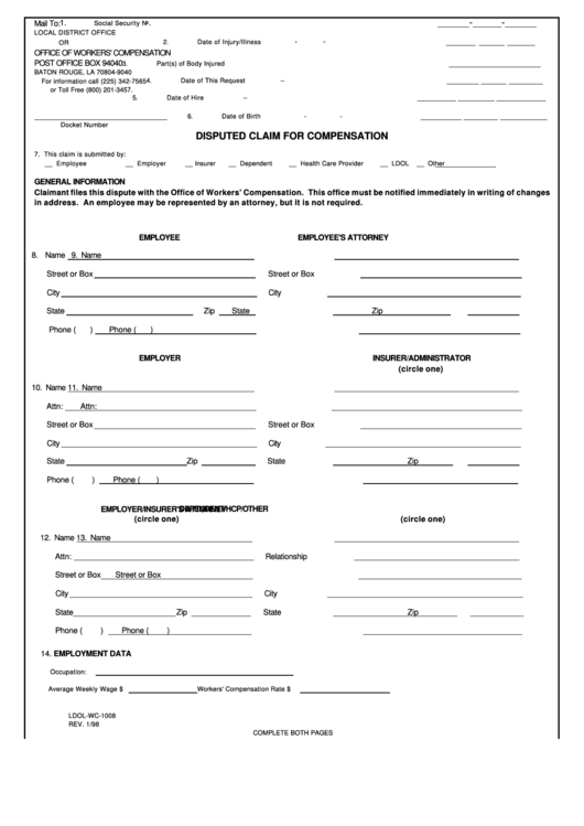 Fillable Form Ldol-Wc-1008 - Disputed Claim For Compensation Form - Office Of Workers