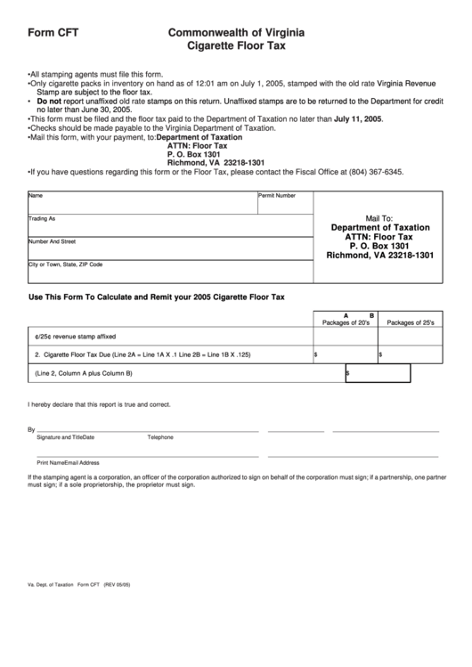 Form Cft - Cigarette Floor Tax Tax - State Of Virginia Printable pdf