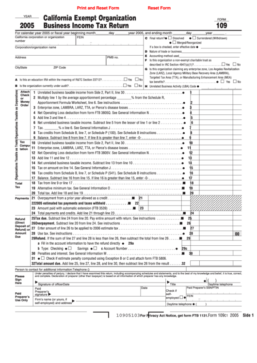Fillable Form 109 - California Exempt Organization Business Income Tax Return - 2005 Printable pdf
