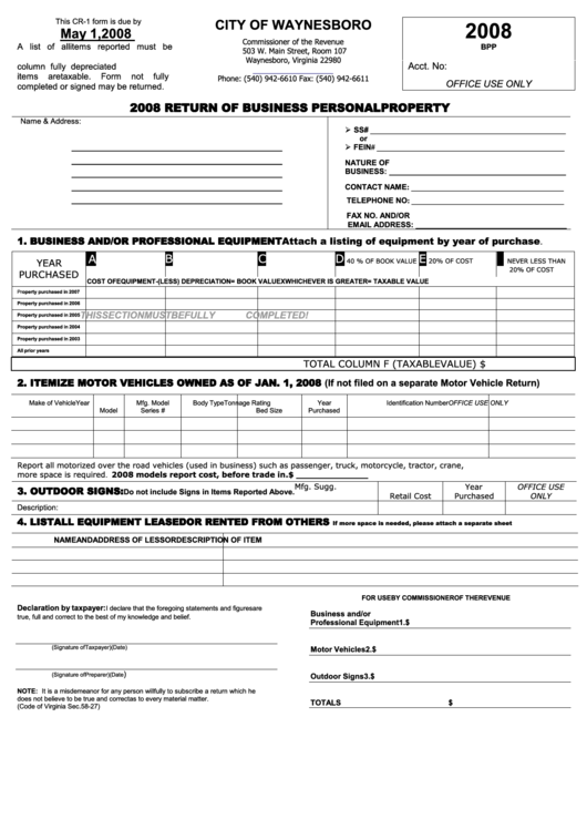 Form Cr-1 - Return Of Business Personal Property - Waynesboro Commissioner Of The Revenue - 2008 Printable pdf