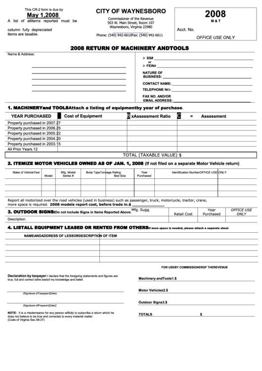 Form Cr-2 - Return Of Machinery And Tools - 2008 Printable pdf