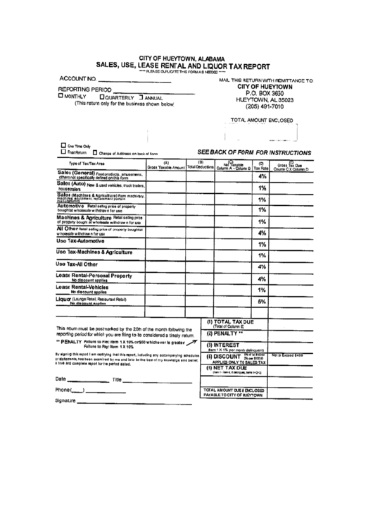 Sales, Use, Lease, Rental And Liquor Tax Report Form - City Of Hueytown, Alabama Printable pdf