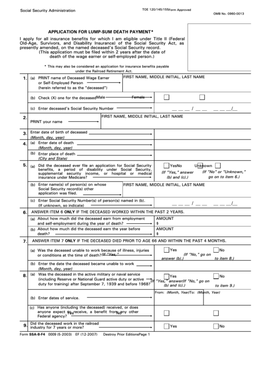 Form Ssa-8-F4 - Application For Lump-Sum Death Payment Printable pdf