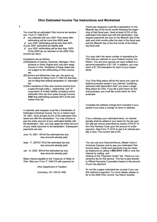 2001 Estimated Income Tax Instructions And Worksheet Printable pdf