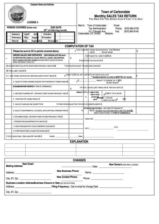 Monthly Sales Tax Return Form - Town Of Carbondale Printable pdf