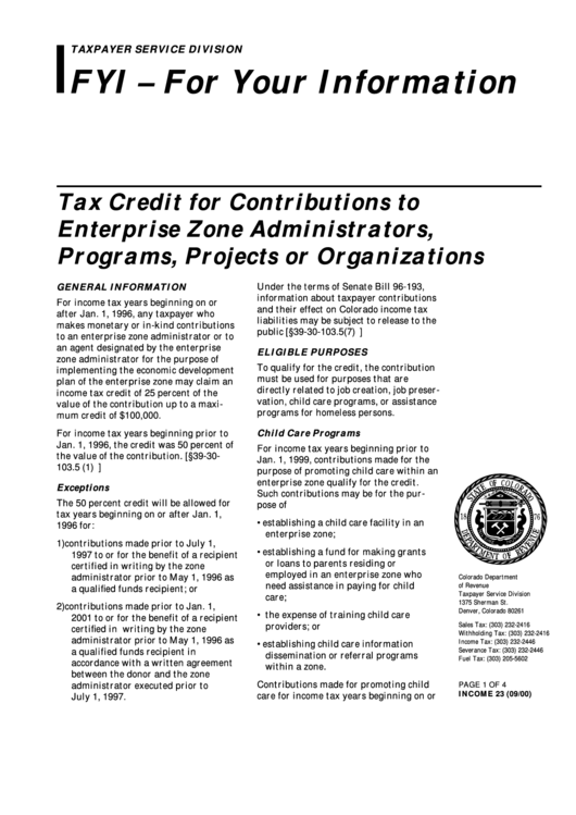 Form Income 23 - Tax Credit For Contributions To Enterprise Zone Administrators, Programs, Projects Or Organizations - 2000 Printable pdf