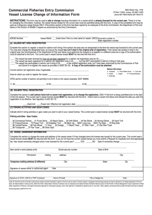 Fillable Form 05-15a - Commercial Fisheries Entry Commission Vessel License Change Of Information Form Printable pdf