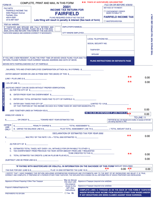 Fillable Form Ir - Income Tax Return 2001 Printable pdf