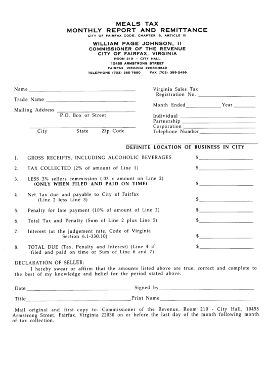 Meals Tax Monthly Report And Remittance Form - City Of Fairfax, Virginia Printable pdf