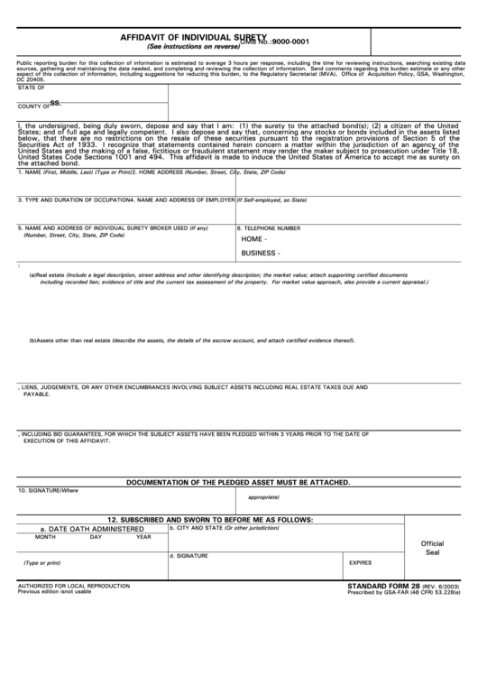 Fillable Standard Form 28 - Affidavit Of Individual Surety - 2003 Printable pdf