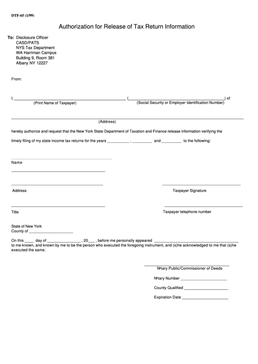 Form Dtf-65 - Authorization For Release Of Tax Return Information Printable pdf