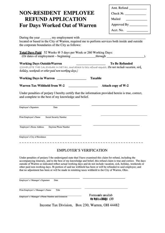 Non-Resident Employee Refund Application Form Printable pdf