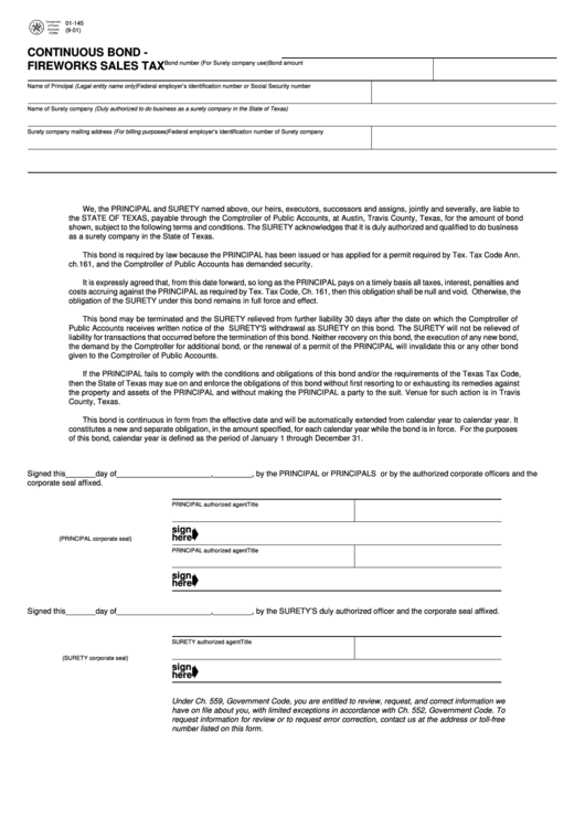 Fillable Form 01-145 - Continuous Bond - Fireworks Sales Tax Printable pdf