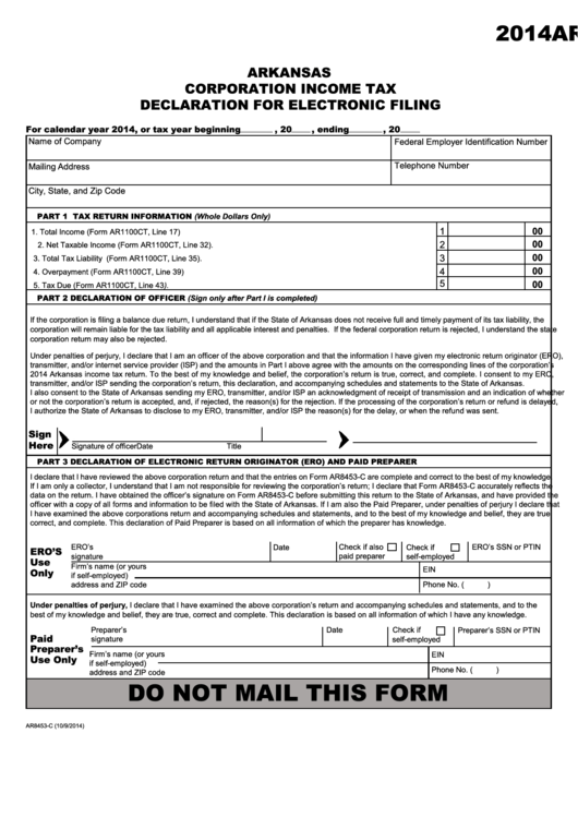 Fillable Form Ar8453-C - Arkansas Corporation Income Tax Declaration For Electronic Filing - 2014 Printable pdf