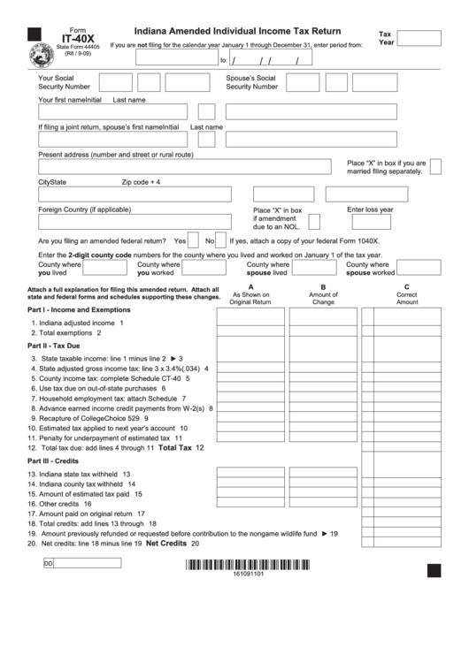 Fillable Form It-40x - Indiana Amended Individual Income Tax Return Form Printable pdf