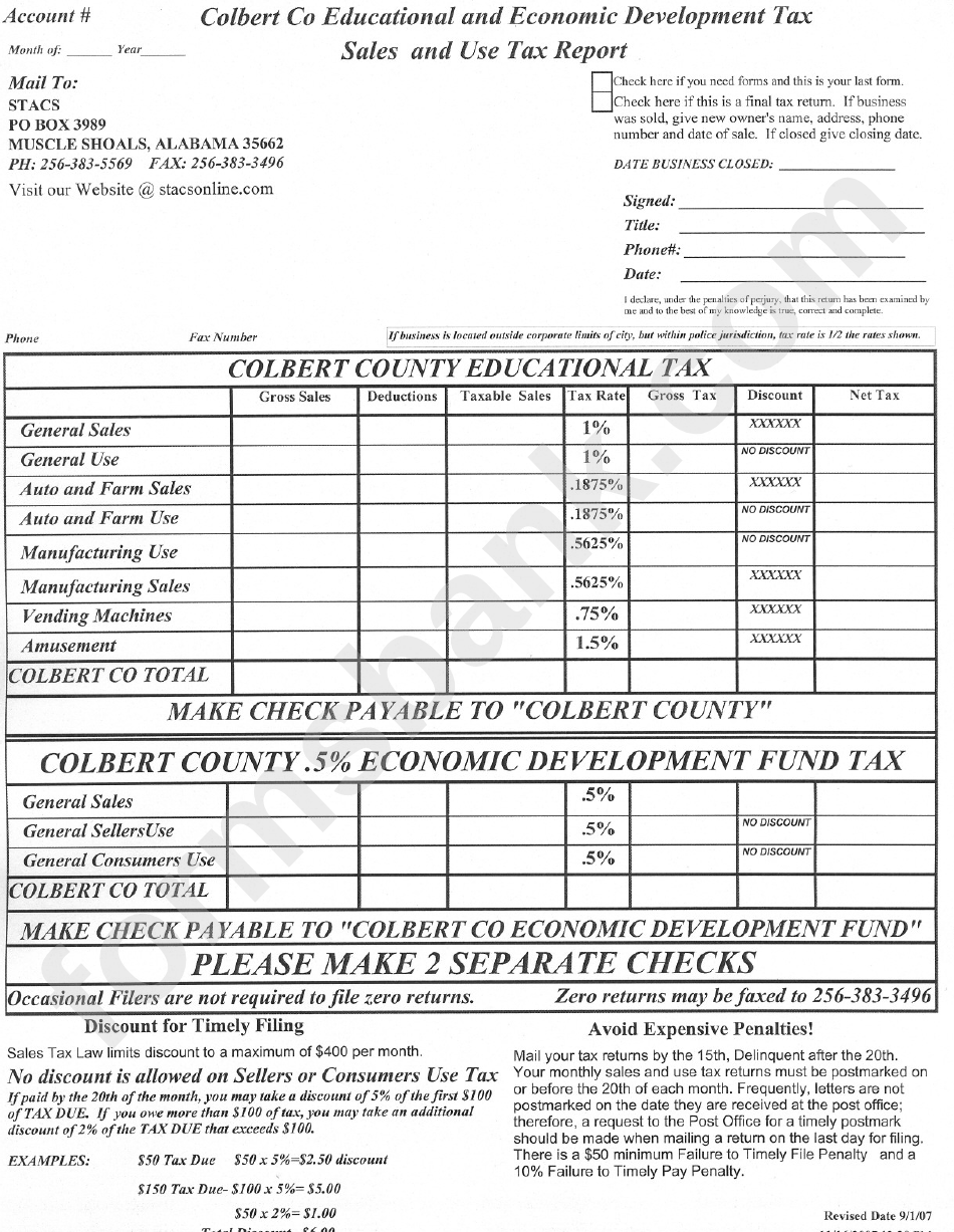 Colbert Co Educational And Economic Developement Tax, Sales And Use Tax Report Form - Colbert County, Alabama