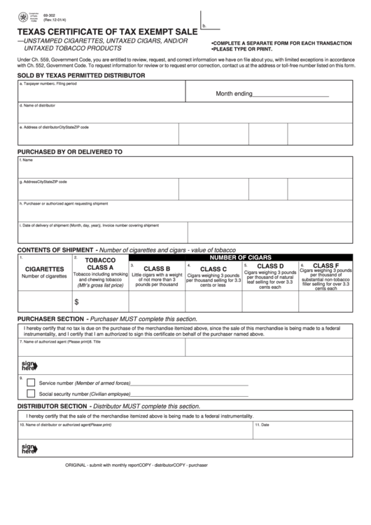 Fillable Form 69-302 - Certificate Of Tax Exempt Sale - 2004 Printable pdf