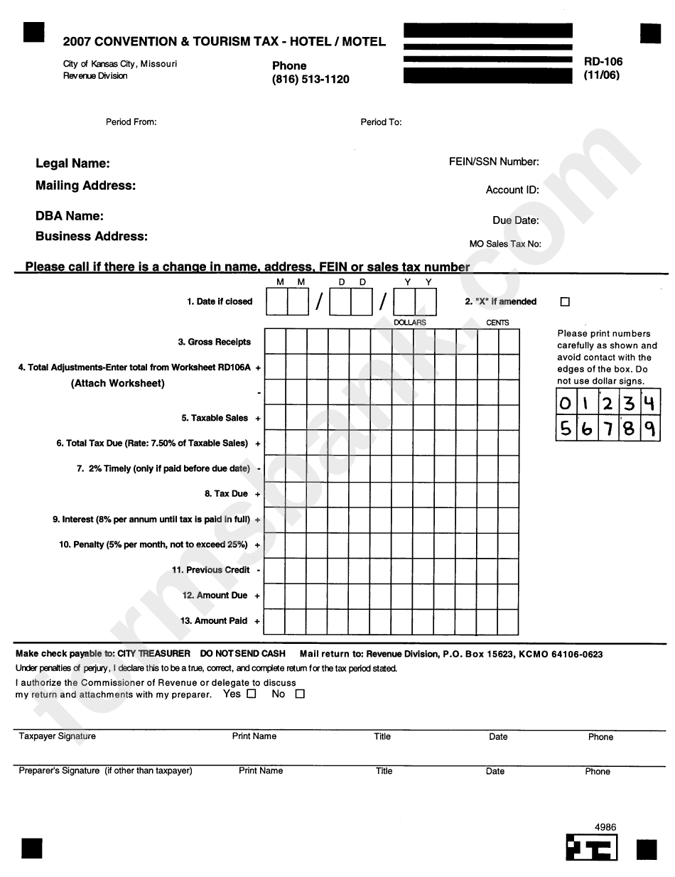 Form Rd-106 - 2007 Convention/ Tourist Tax Form - Hotel/motel - Revenue Division Of City Of Kansas City, Missouri