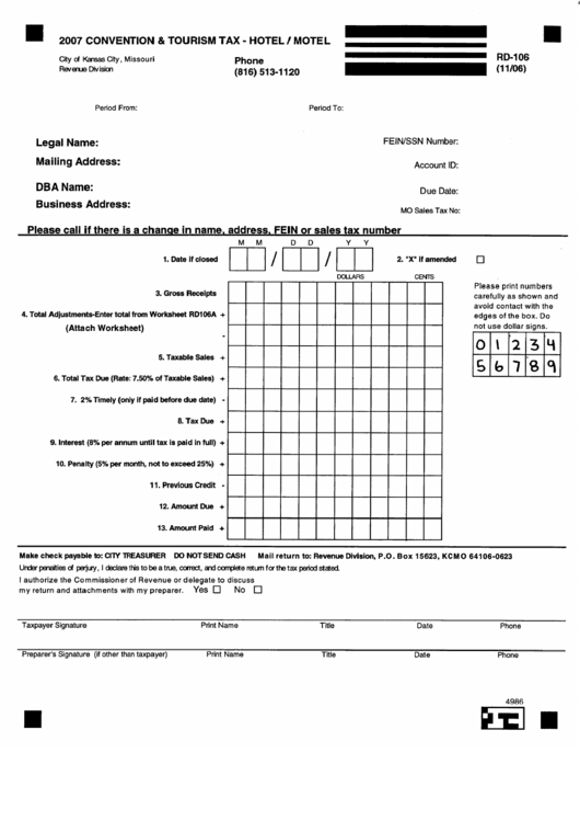 Form Rd-106 - 2007 Convention/ Tourist Tax Form - Hotel/motel - Revenue Division Of City Of Kansas City, Missouri Printable pdf